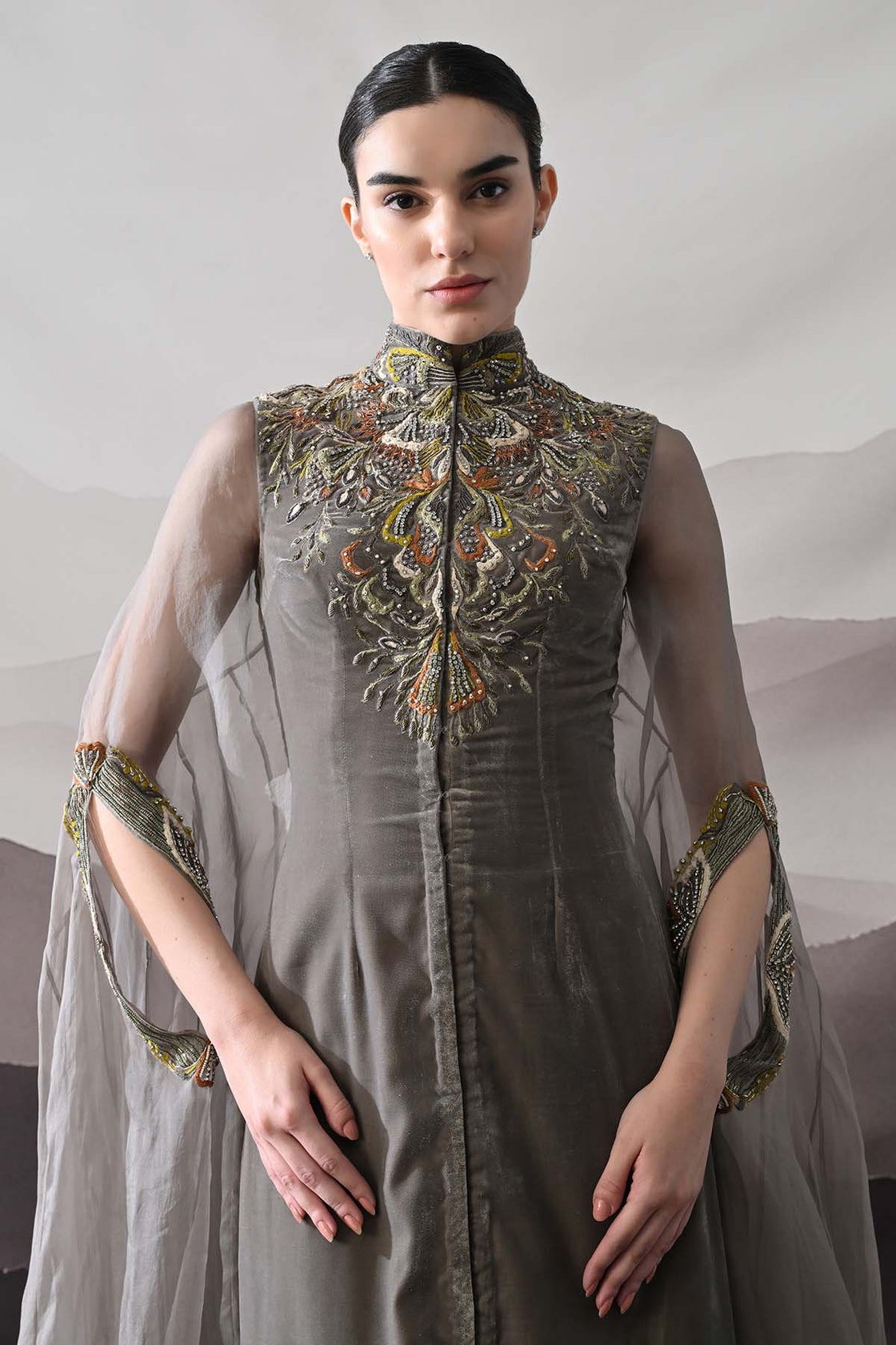 Grey Kaftan Featuring Heirloom Embroidery And Soft Layering