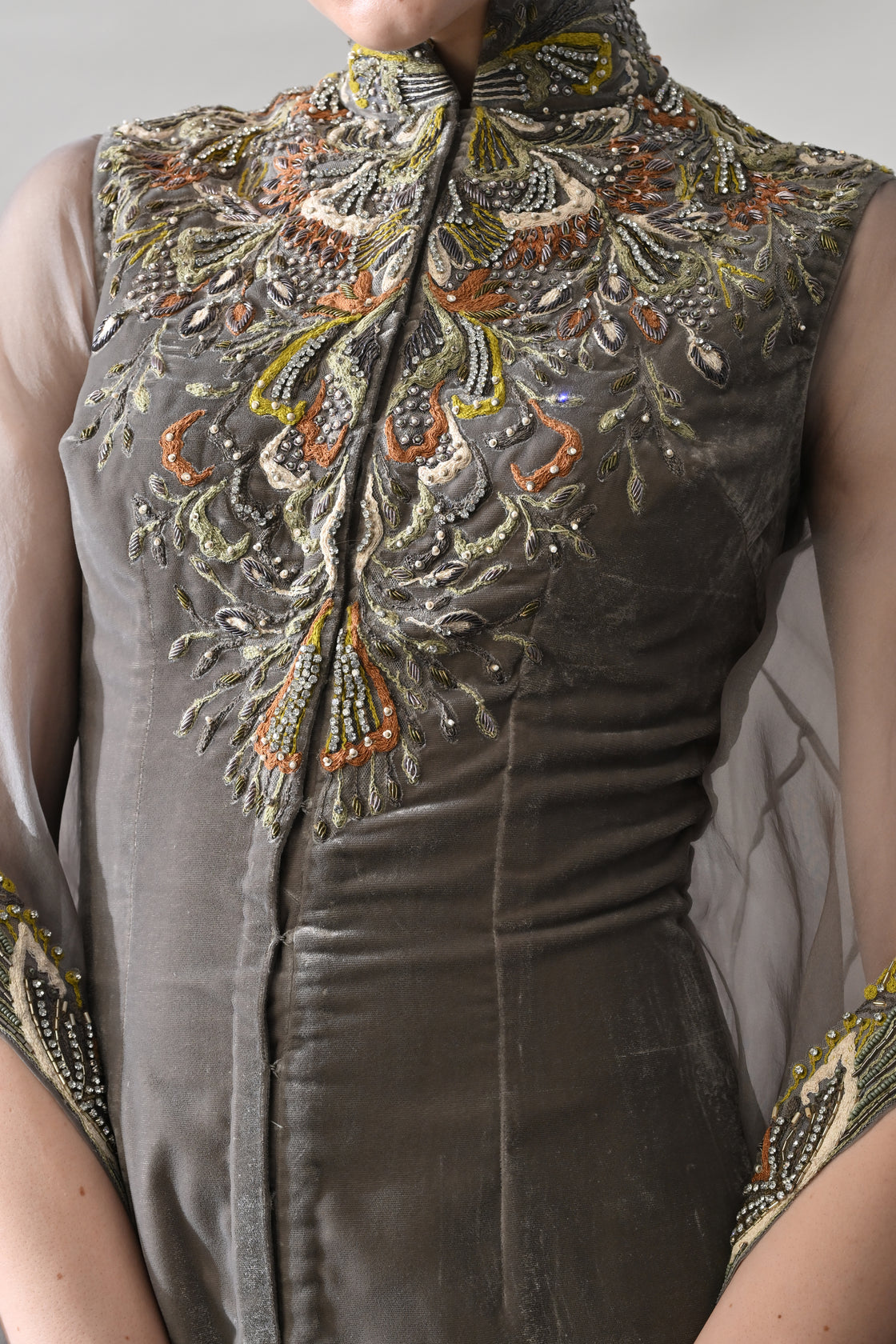 Grey Gown Featuring Heirloom Embroidery and Soft Layering