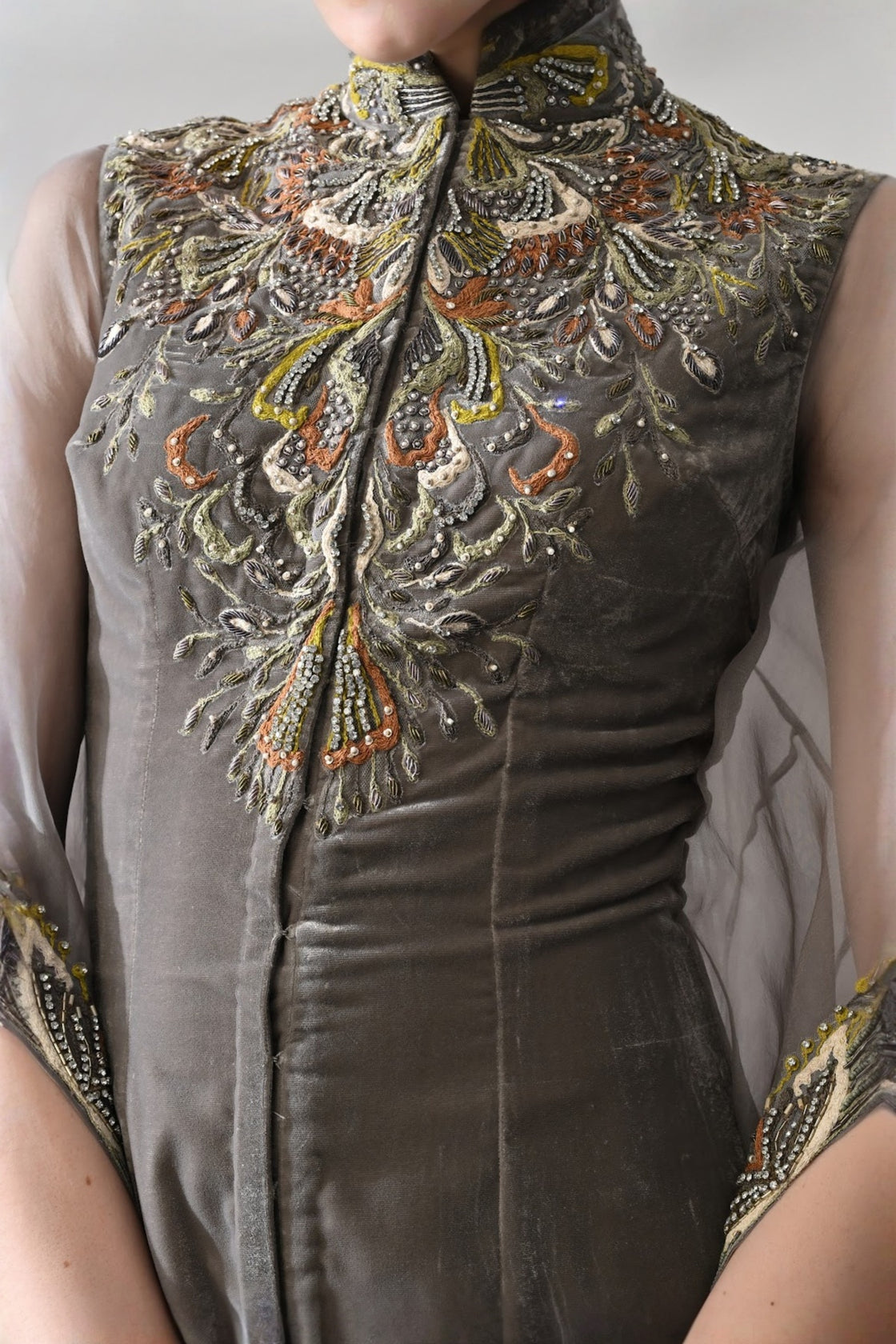 Grey Kaftan Featuring Heirloom Embroidery And Soft Layering
