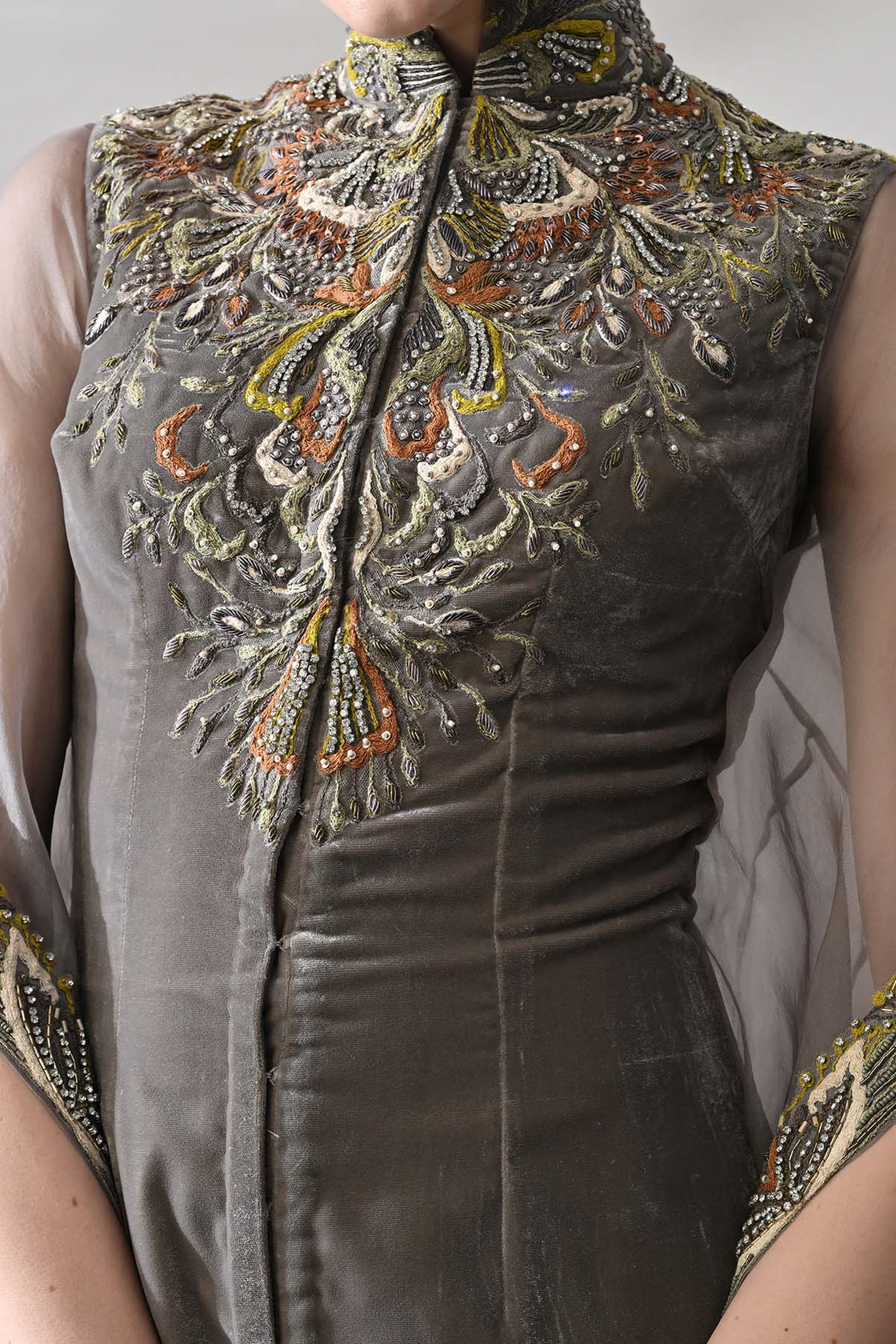 Grey Kaftan Featuring Heirloom Embroidery And Soft Layering