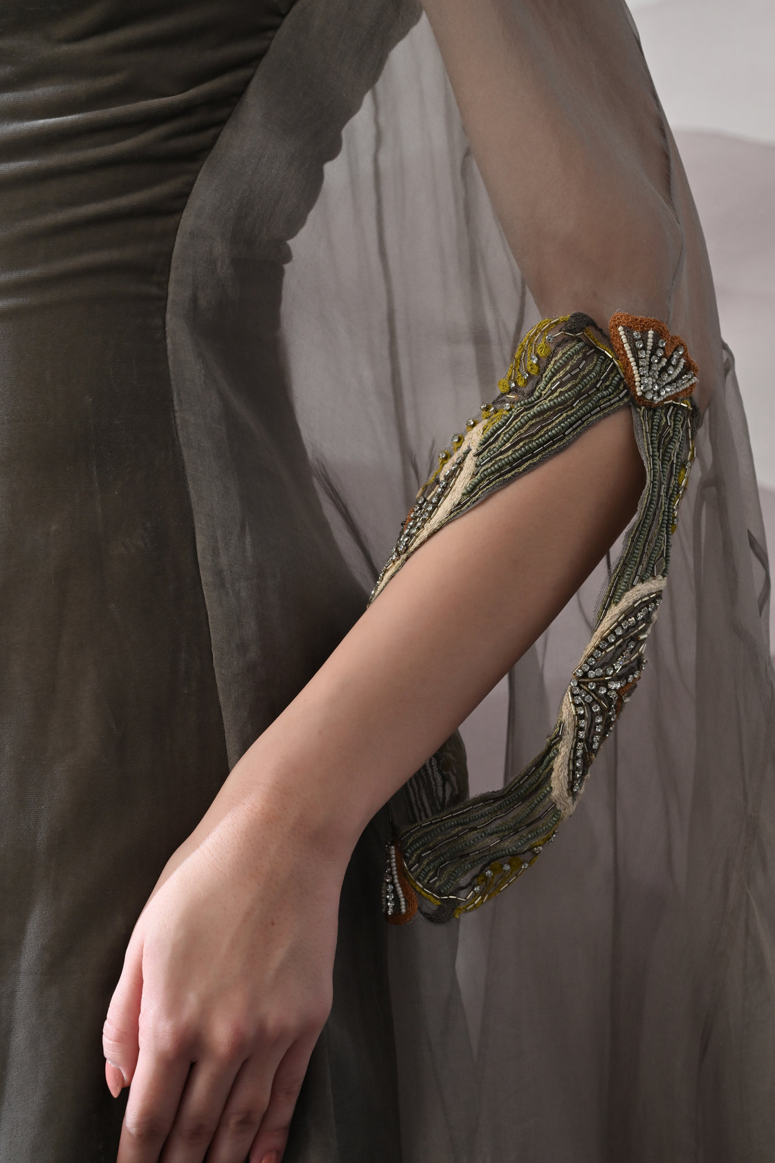 Grey Gown Featuring Heirloom Embroidery and Soft Layering