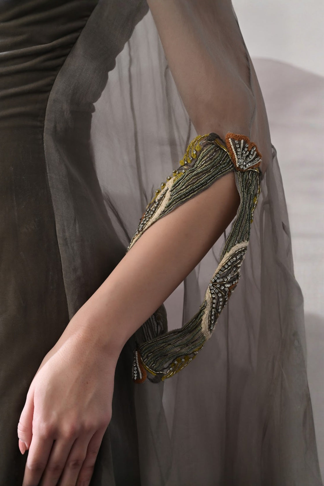 Grey Kaftan Featuring Heirloom Embroidery And Soft Layering