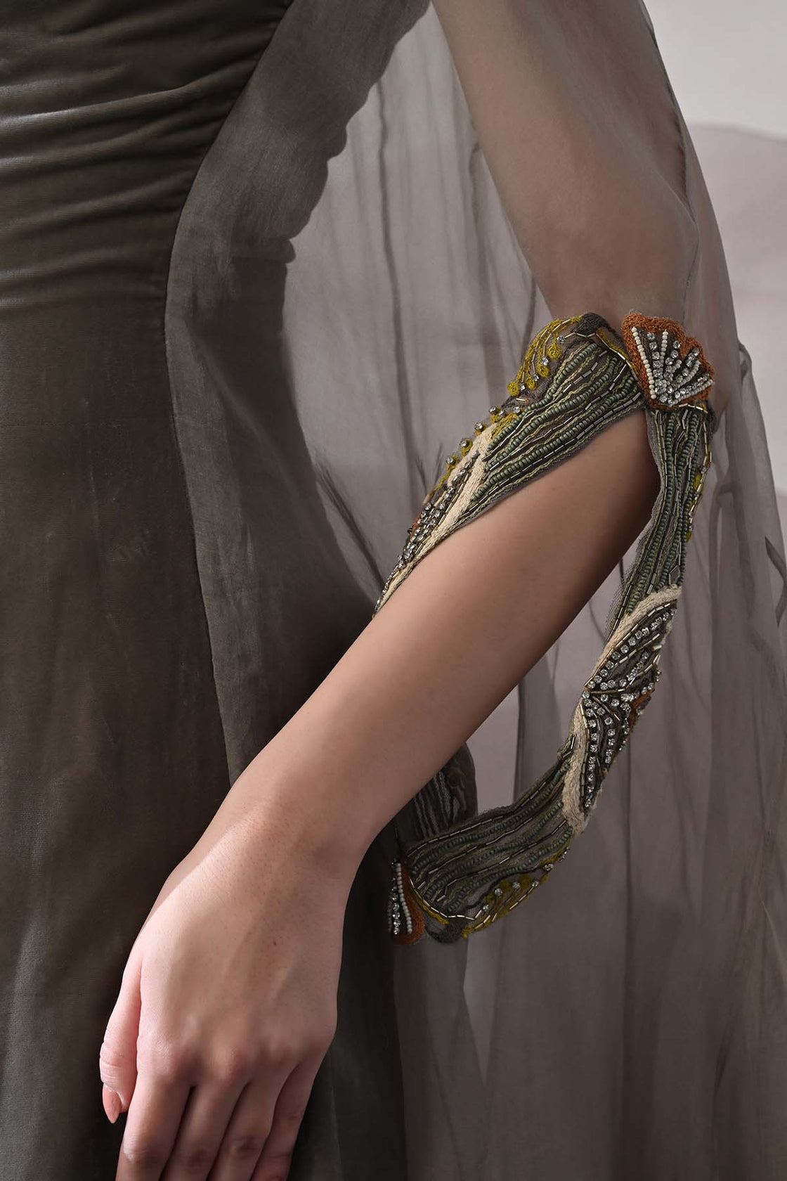Grey Kaftan Featuring Heirloom Embroidery And Soft Layering