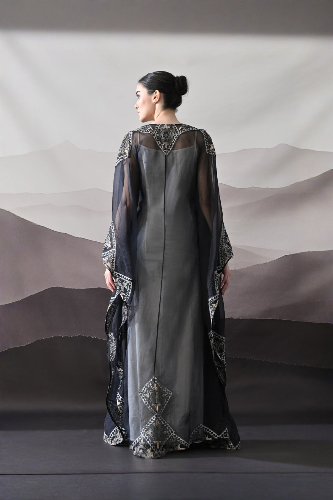 Black Kaftan Featuring Geometric Handwork Embroidery