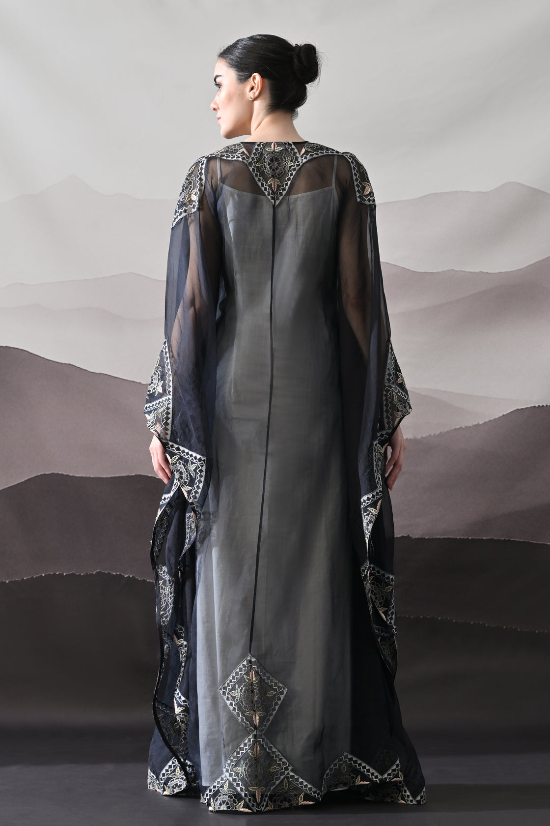 Black Kaftan Featuring Geometric Handwork Embroidery