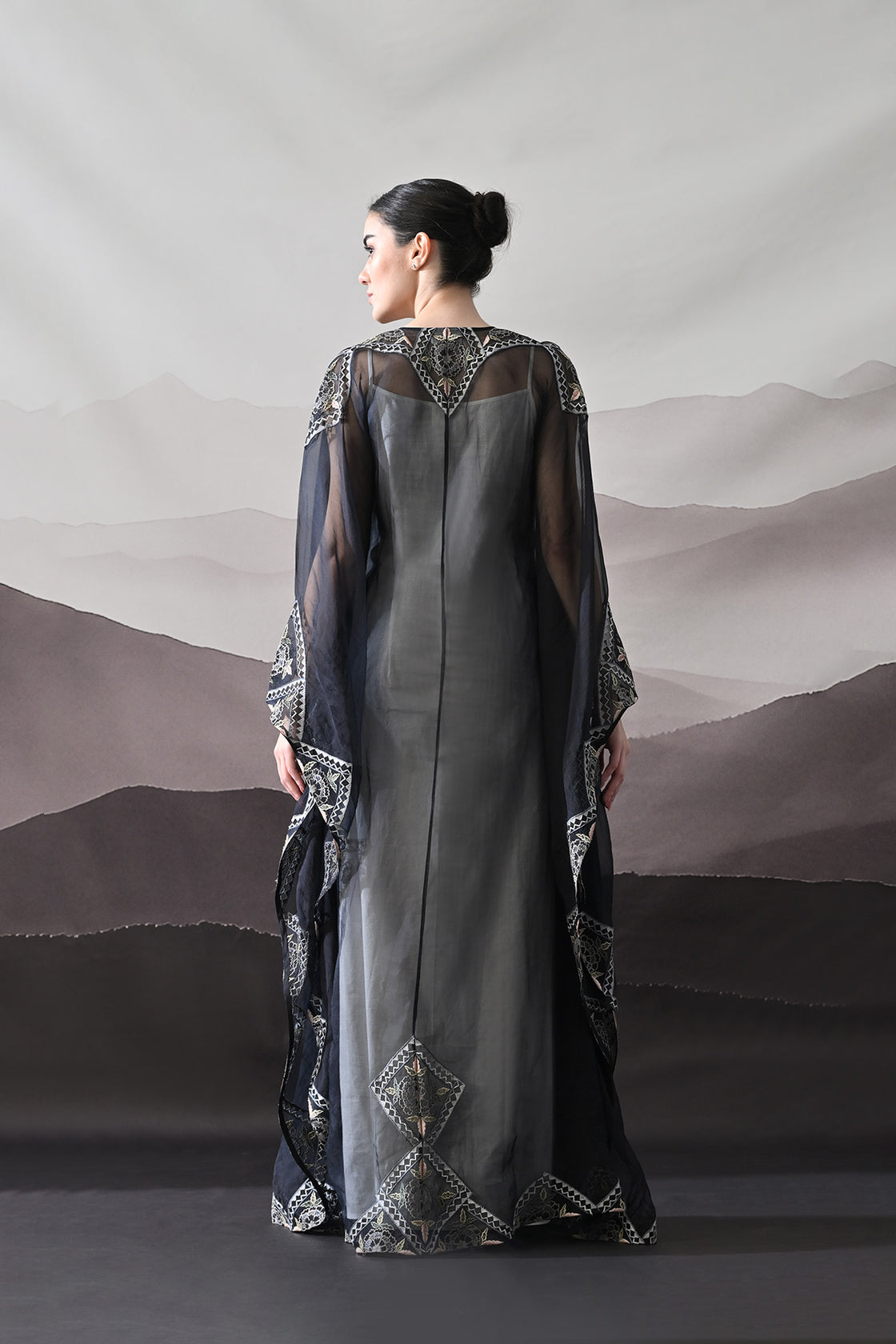 Black Kaftan Featuring Geometric Handwork Embroidery