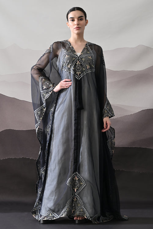 Black Kaftan Featuring Geometric Handwork Embroidery