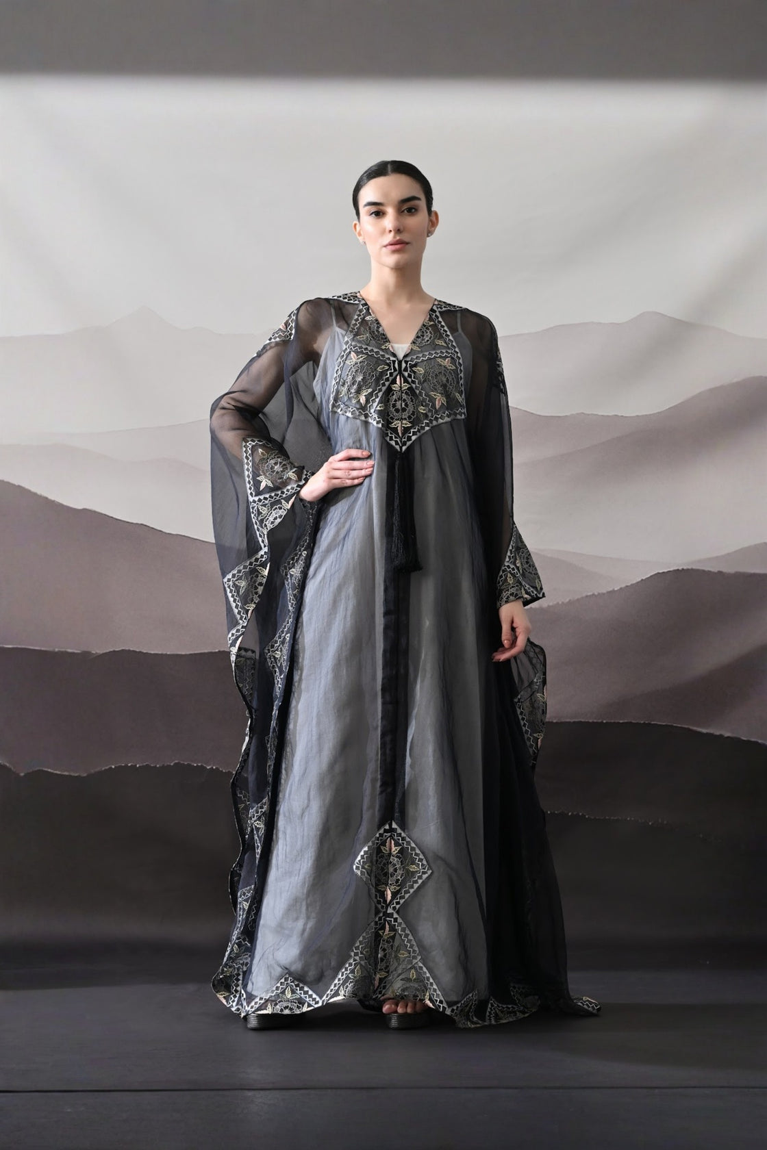 Black Kaftan Featuring Geometric Handwork Embroidery