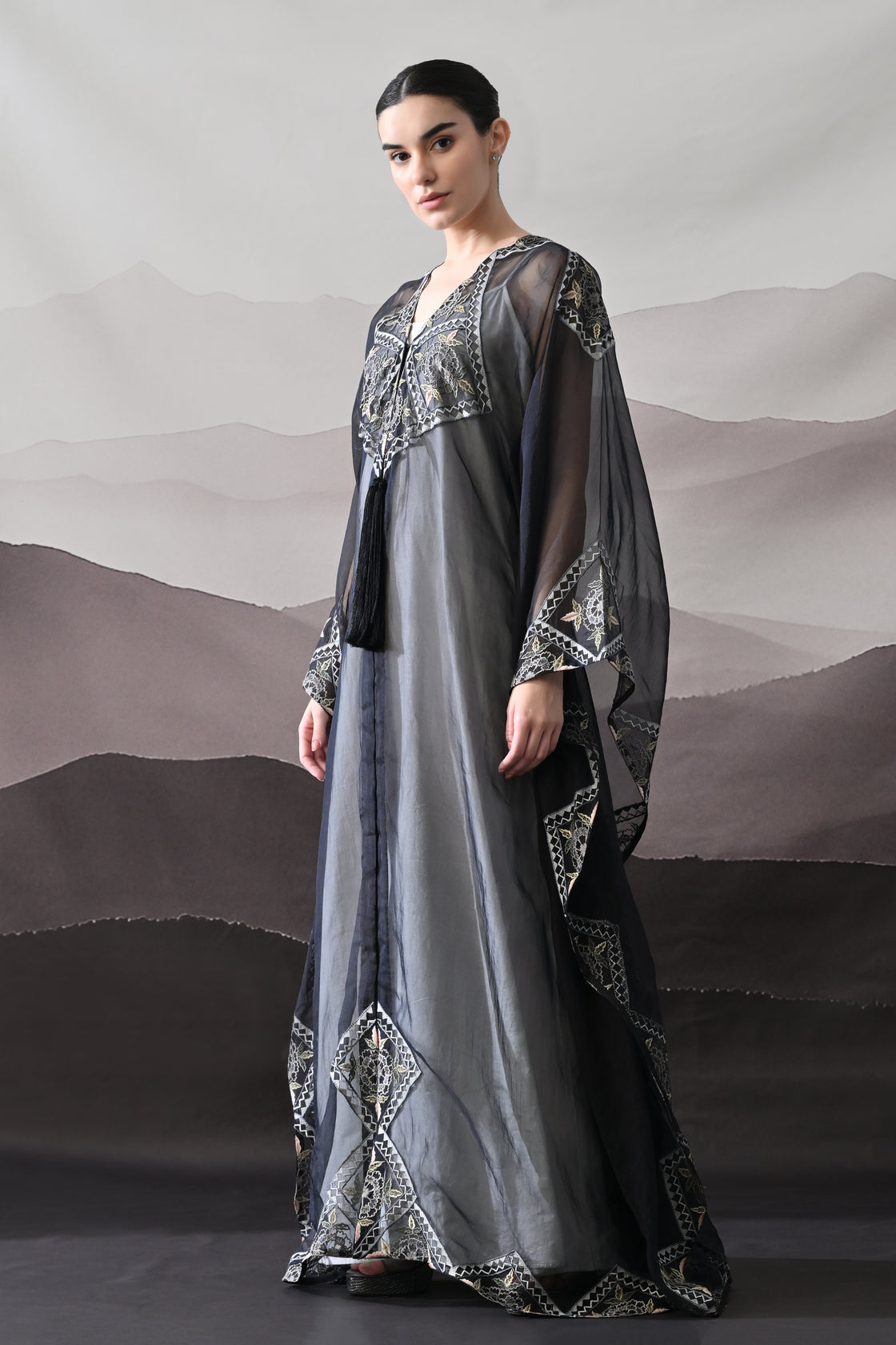 Black Kaftan Featuring Geometric Handwork Embroidery