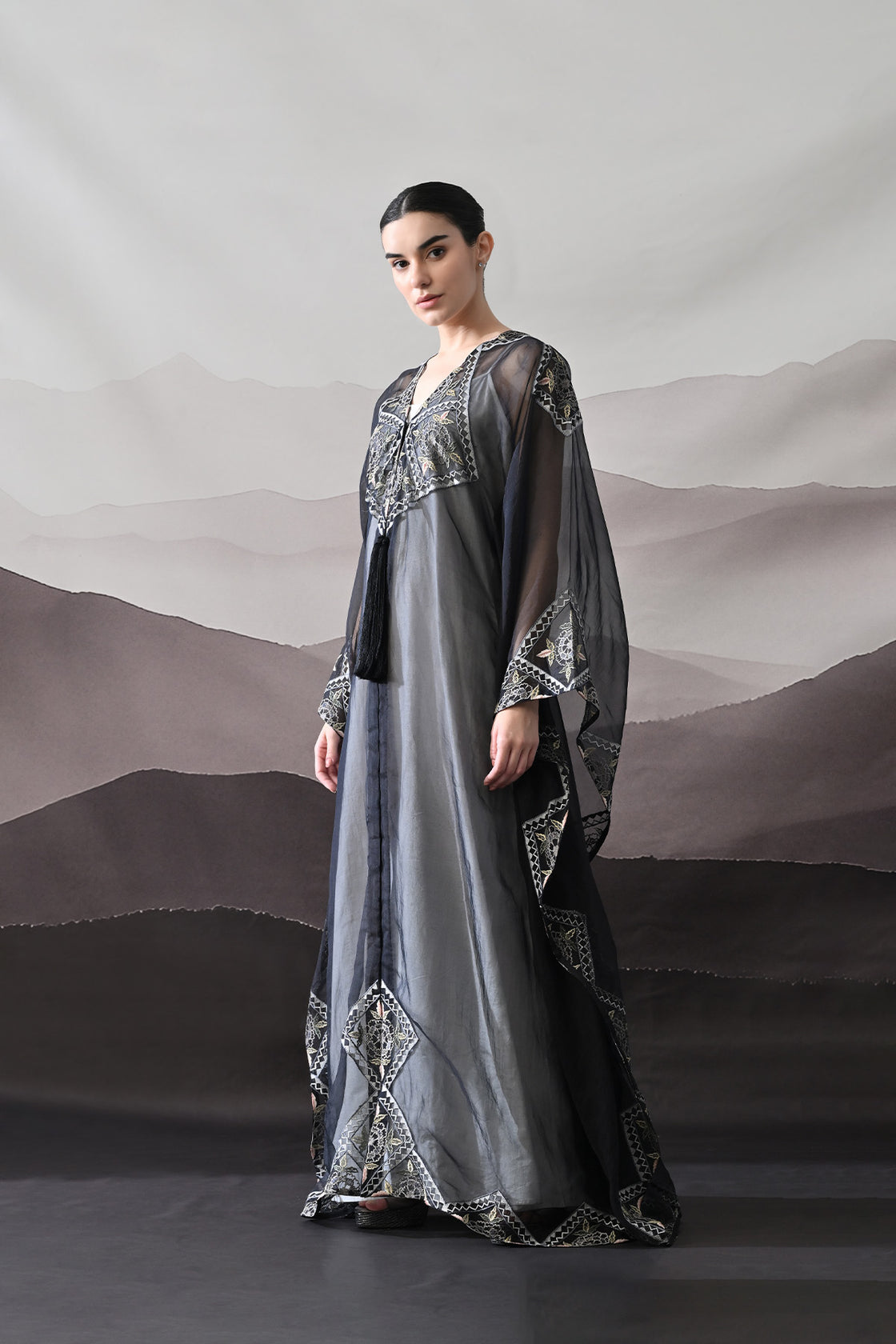 Black Kaftan Featuring Geometric Handwork Embroidery