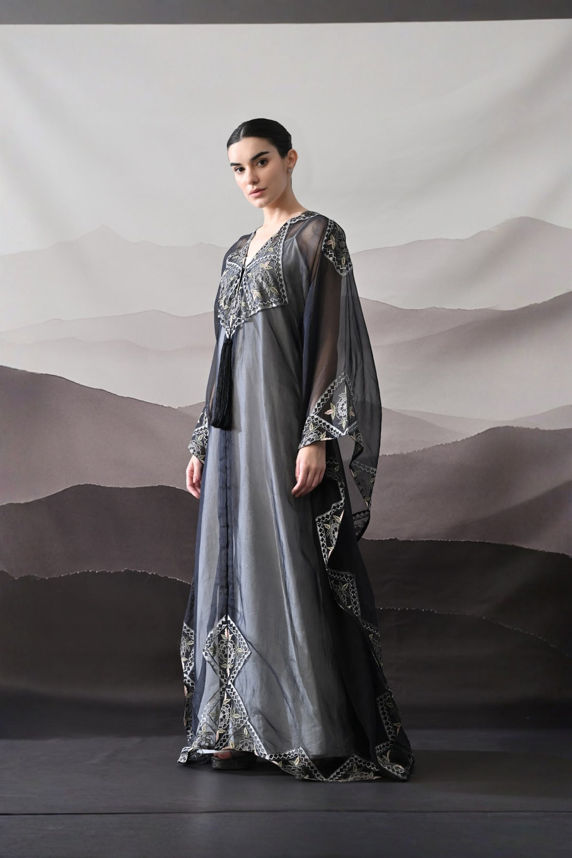 Black Kaftan Featuring Geometric Handwork Embroidery