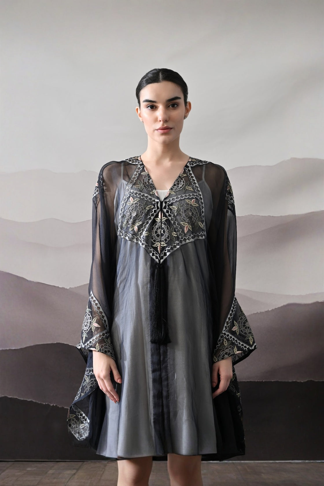 Black Kaftan Featuring Geometric Handwork Embroidery