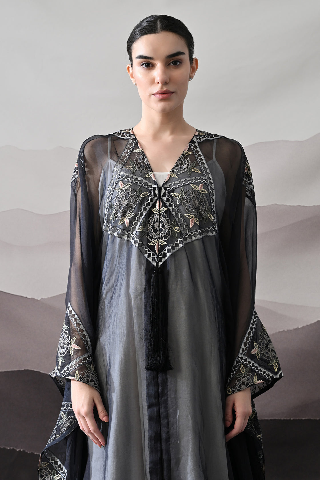 Black Kaftan Featuring Geometric Handwork Embroidery