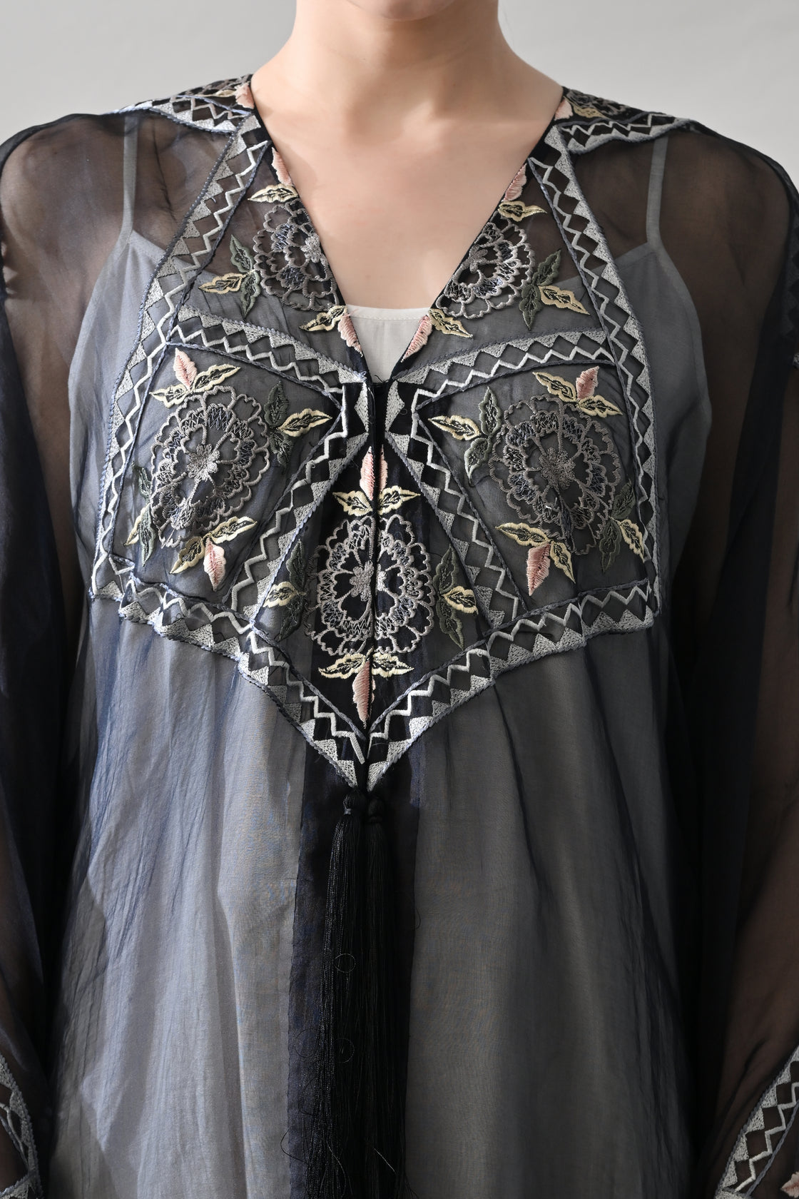 Black Kaftan Featuring Geometric Handwork Embroidery
