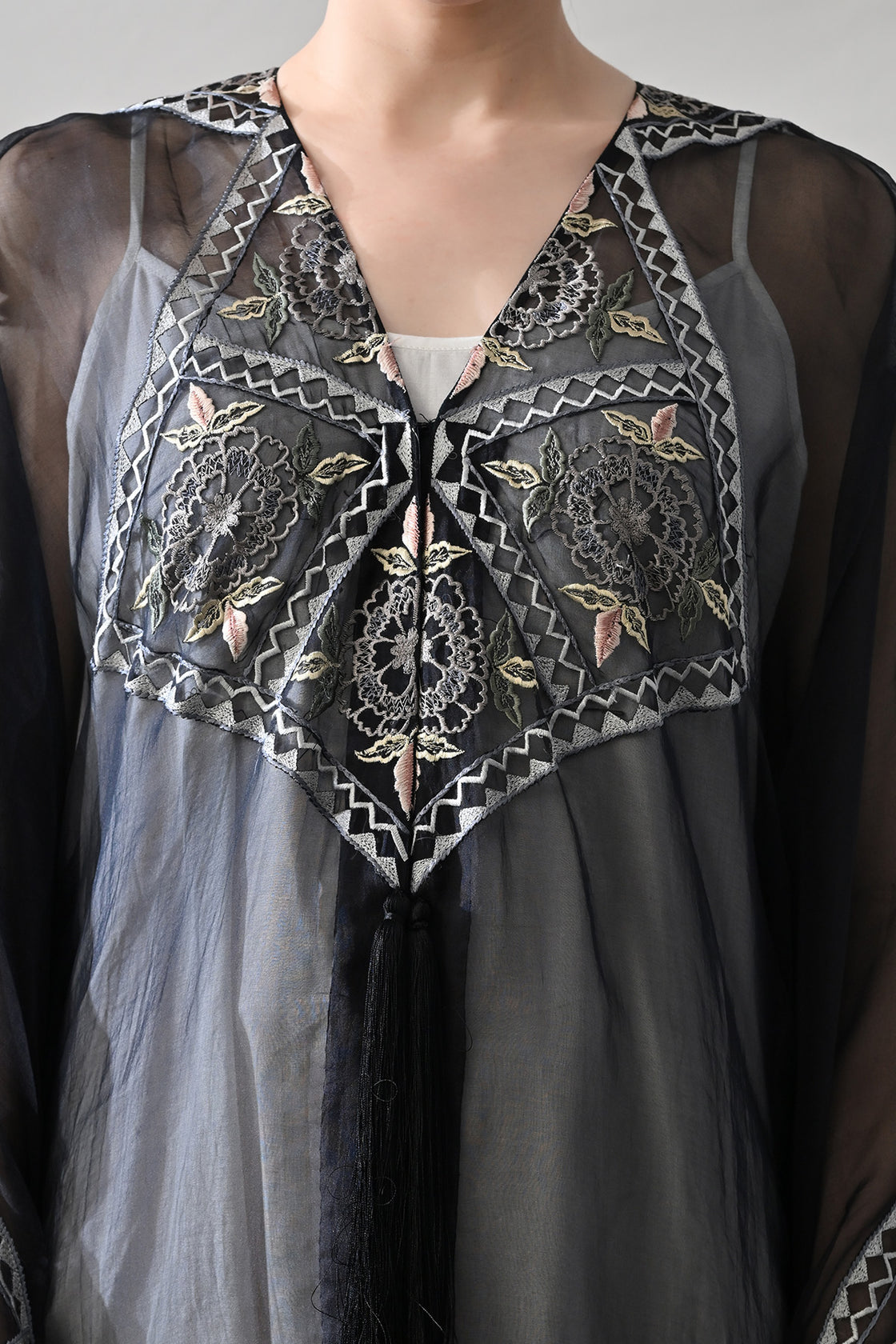 Black Kaftan Featuring Geometric Handwork Embroidery