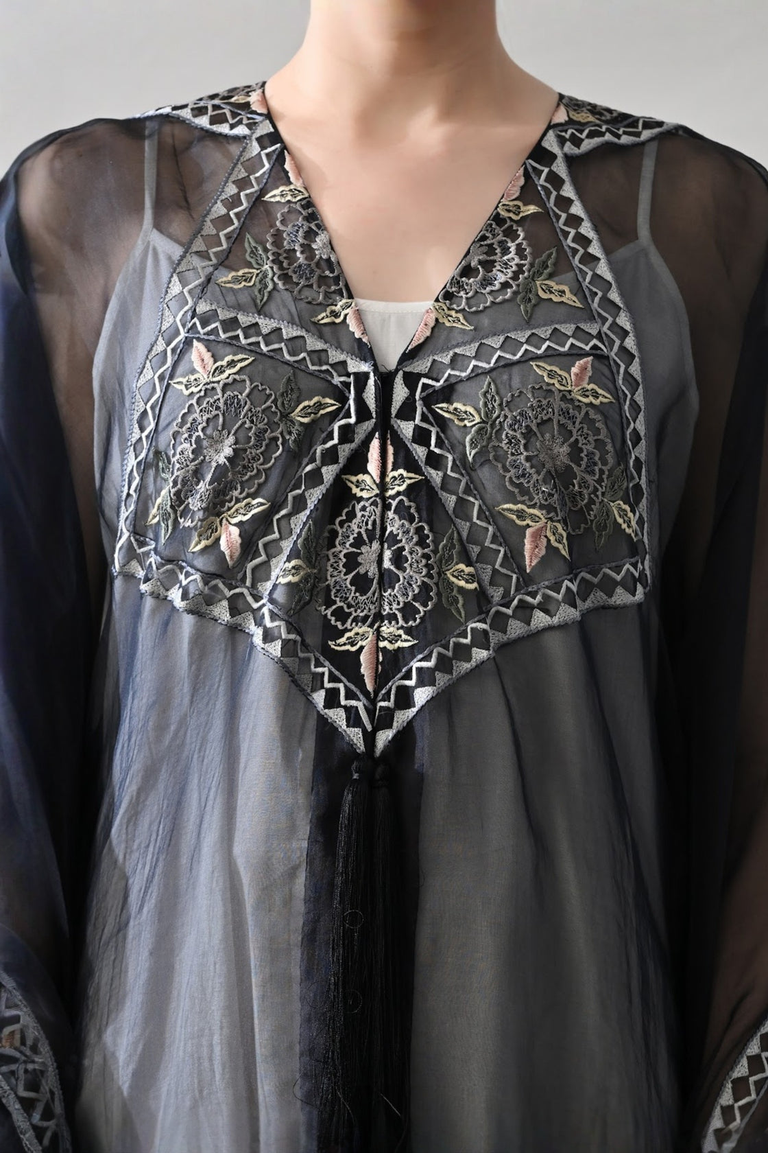 Black Kaftan Featuring Geometric Handwork Embroidery