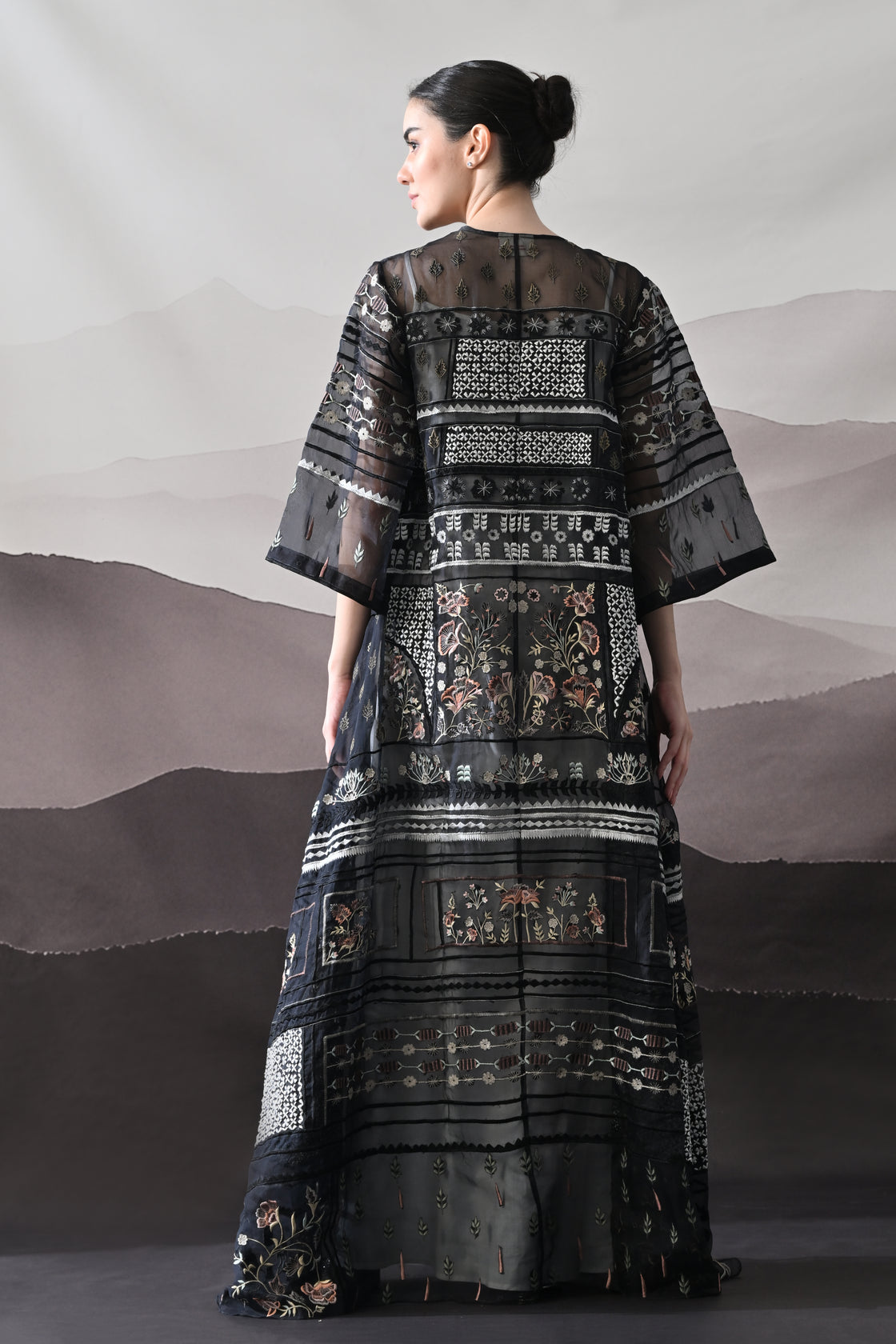 Black Kaftan with Artisanal Embroidery and Architectural Paneling