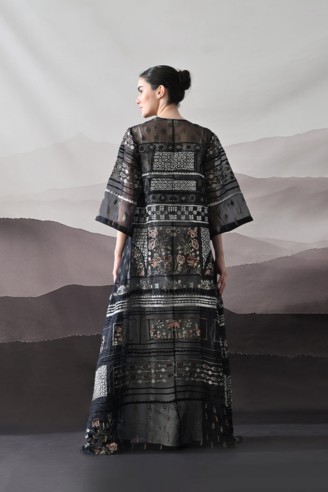 Black Kaftan With Artisanal Embroidery And Architectural Paneling