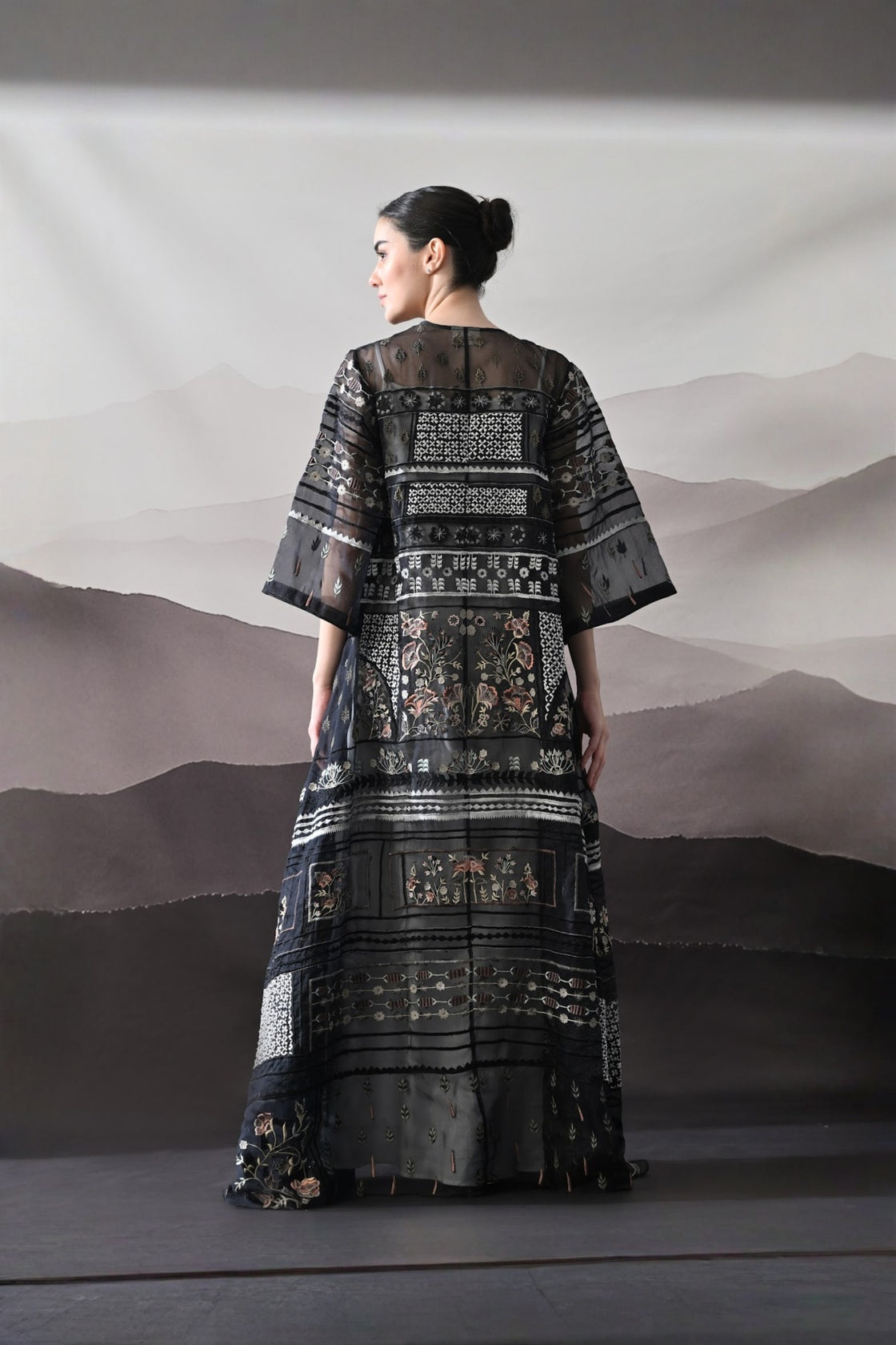 Black Kaftan With Artisanal Embroidery And Architectural Paneling