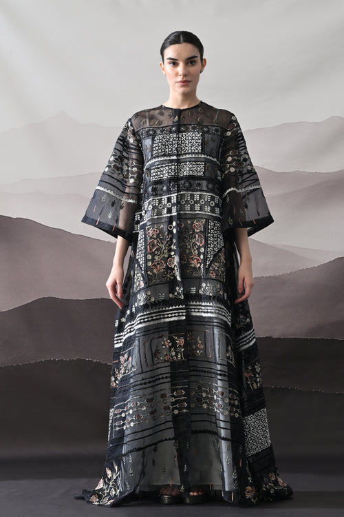 Black Kaftan with Artisanal Embroidery and Architectural Paneling