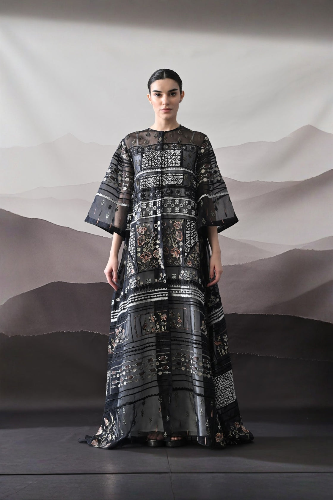 Black Kaftan With Artisanal Embroidery And Architectural Paneling