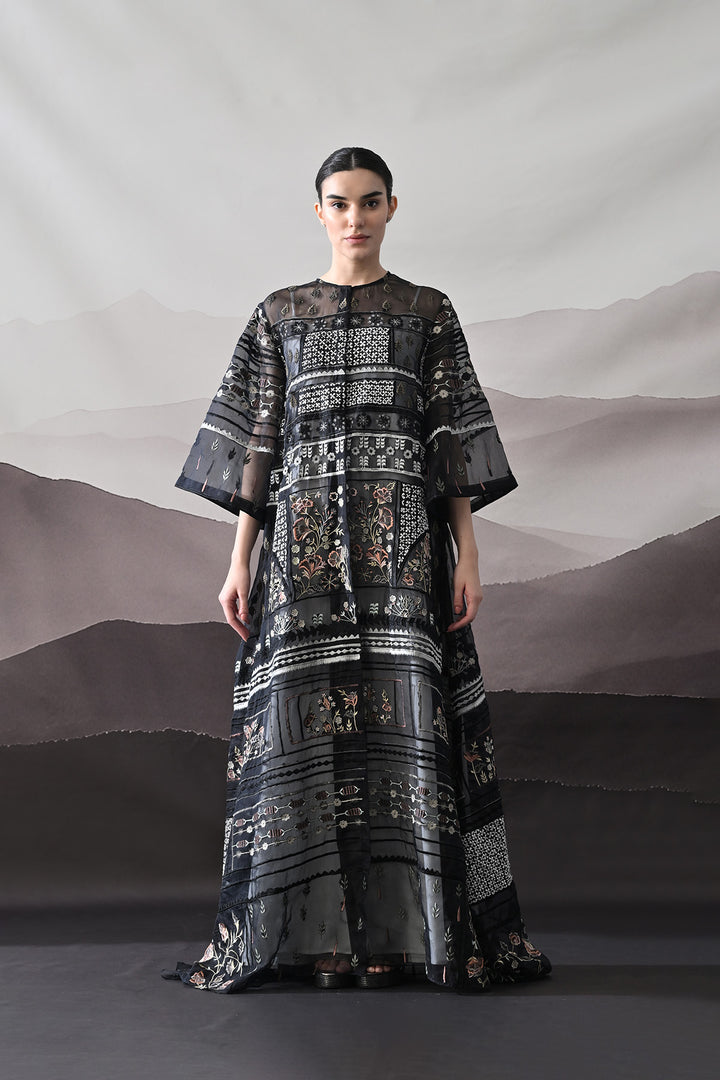 Black Kaftan With Artisanal Embroidery And Architectural Paneling