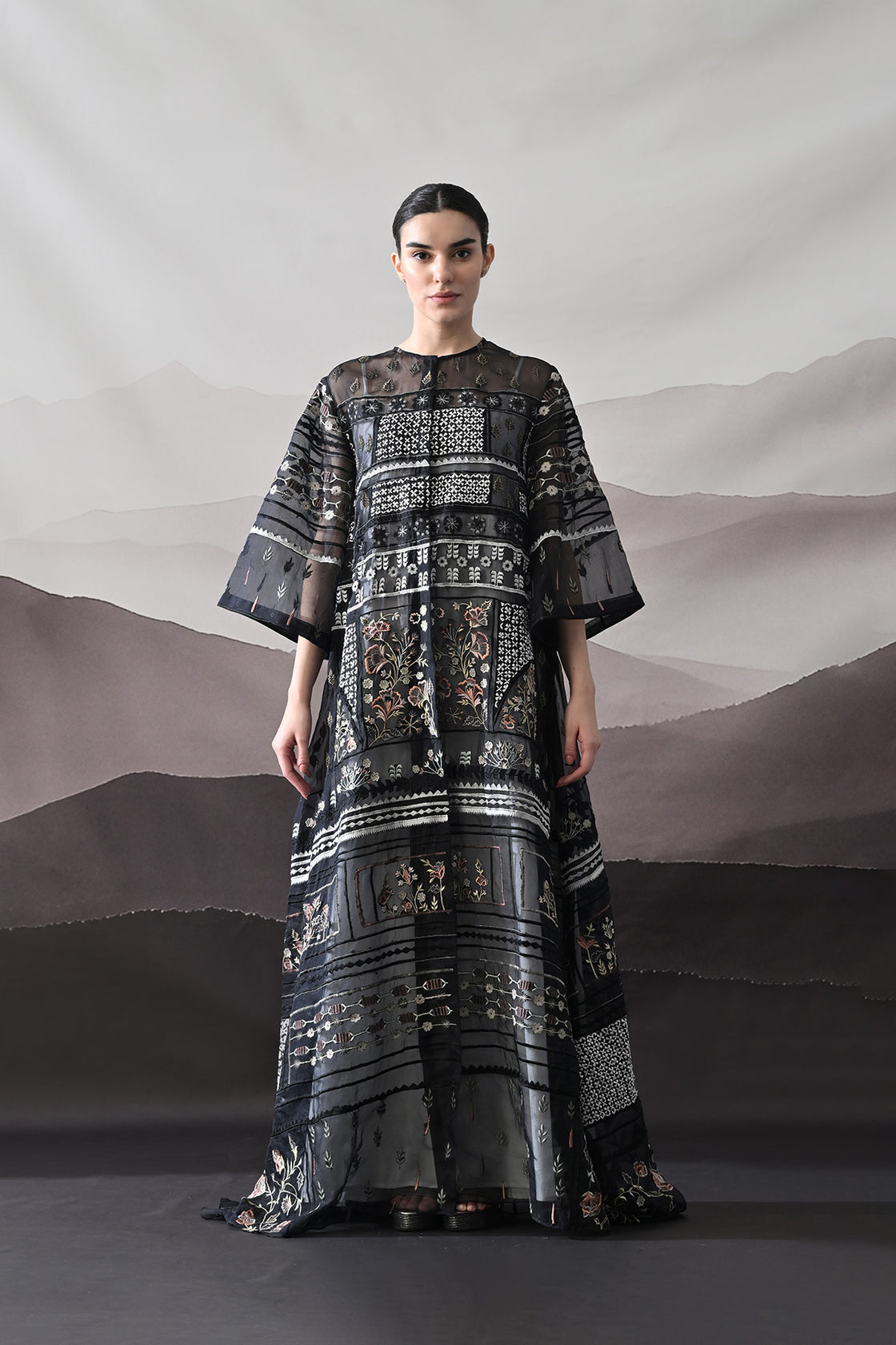 Black Kaftan With Artisanal Embroidery And Architectural Paneling