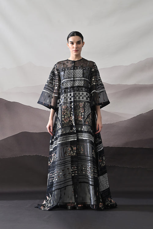 Black Kaftan With Artisanal Embroidery And Architectural Paneling