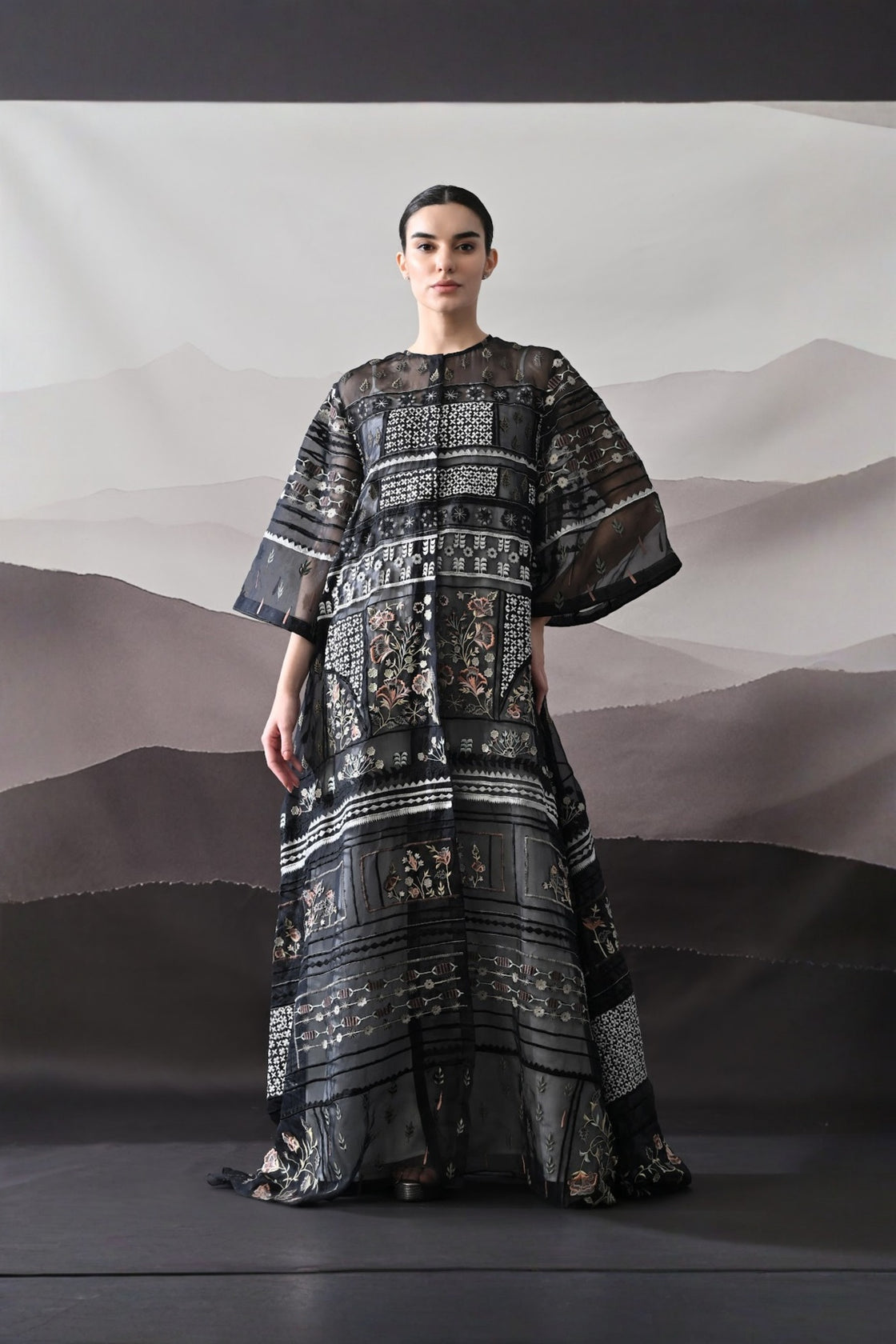 Black Kaftan With Artisanal Embroidery And Architectural Paneling