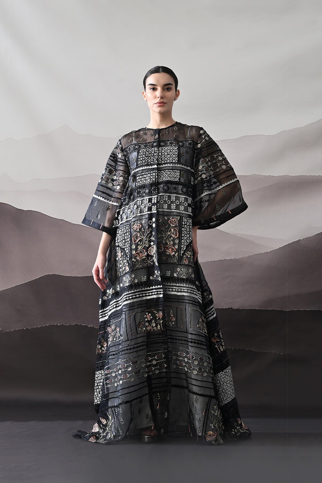 Black Kaftan With Artisanal Embroidery And Architectural Paneling