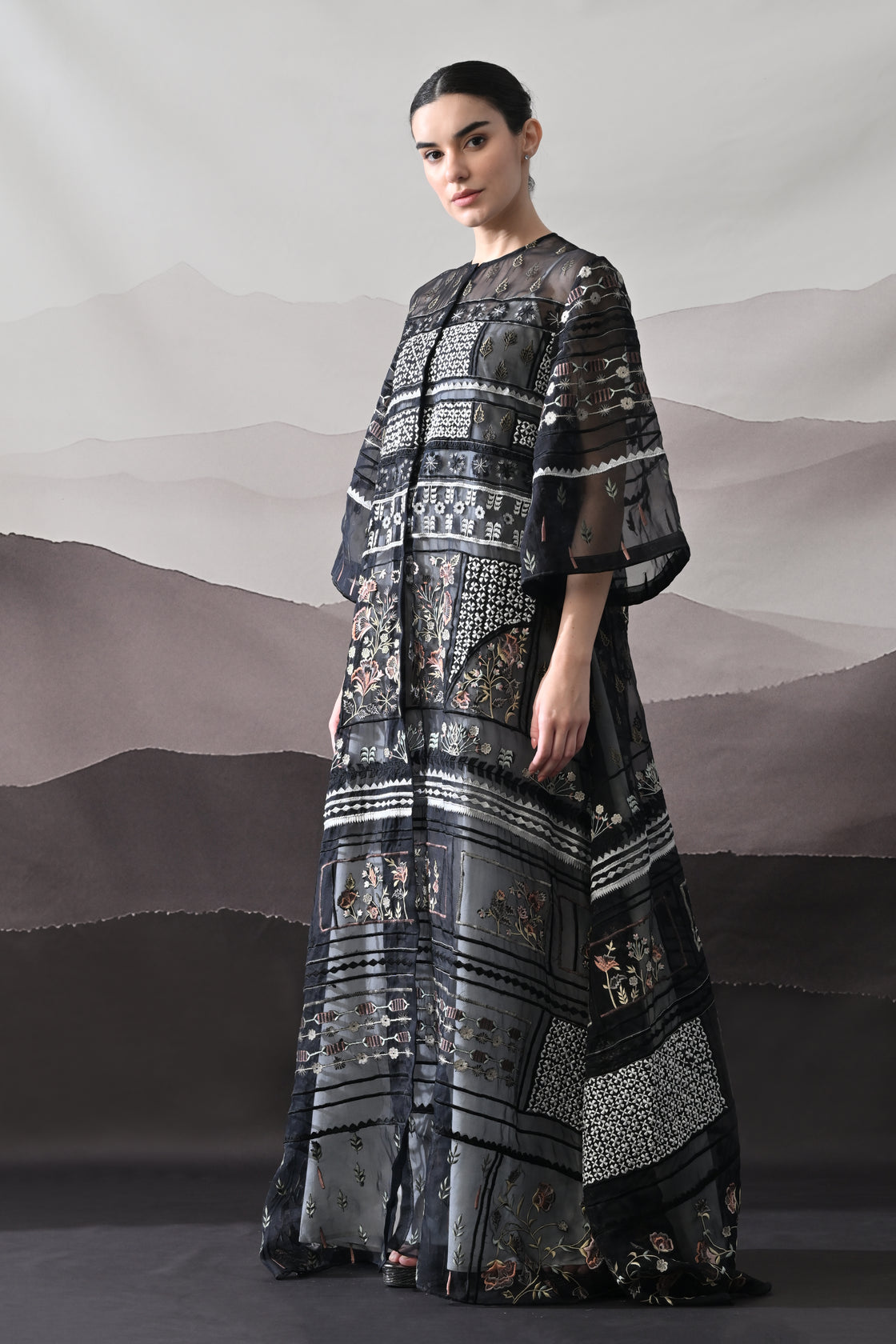 Black Kaftan with Artisanal Embroidery and Architectural Paneling