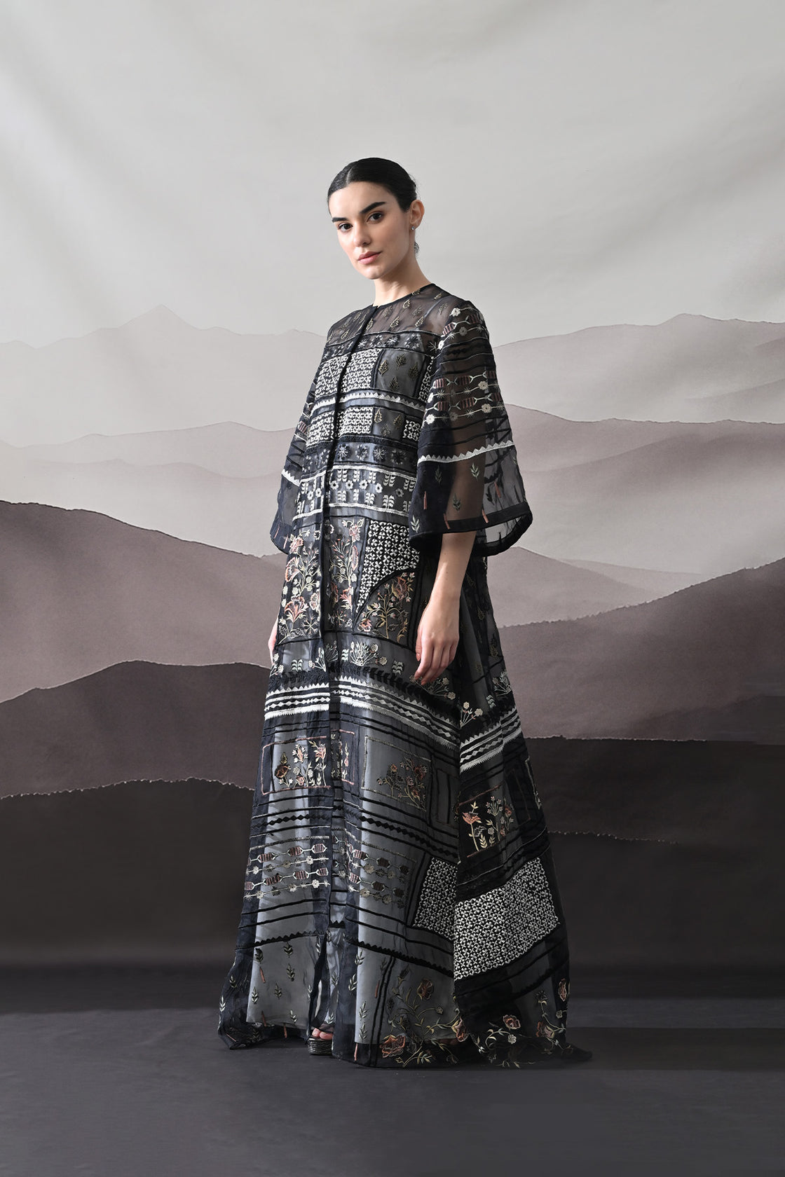 Black Kaftan With Artisanal Embroidery And Architectural Paneling