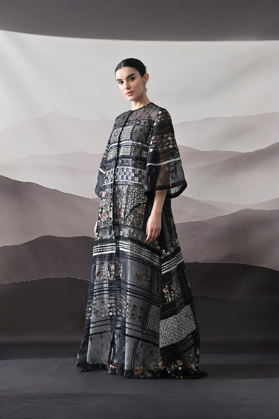 Black Kaftan With Artisanal Embroidery And Architectural Paneling