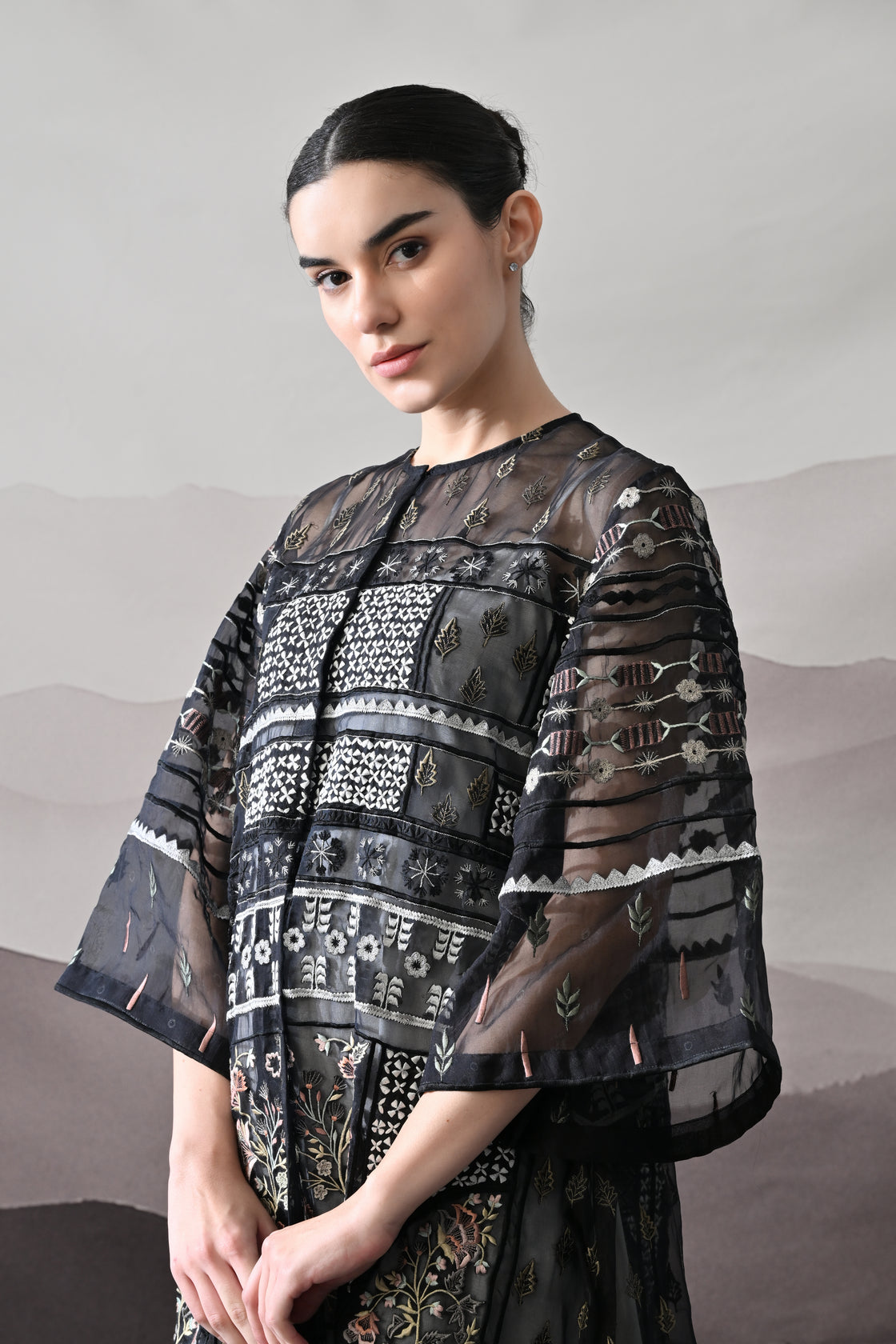 Black Kaftan with Artisanal Embroidery and Architectural Paneling