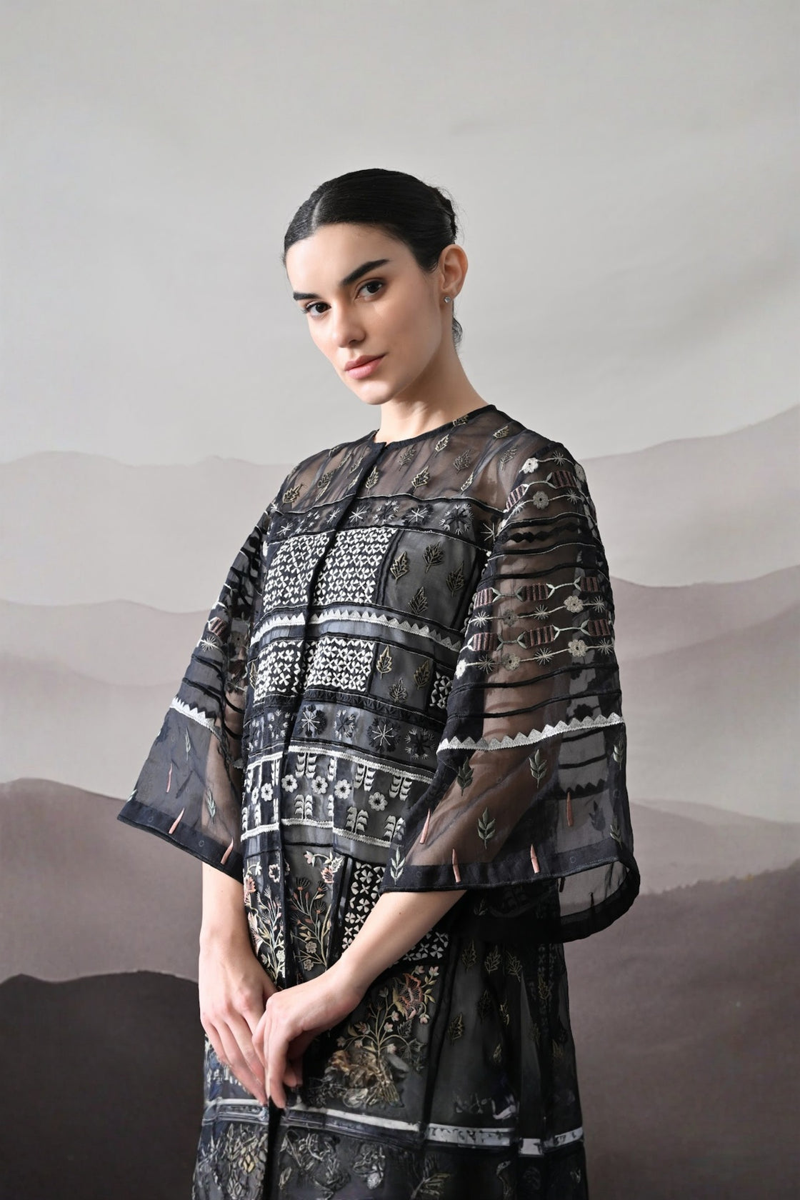 Black Kaftan With Artisanal Embroidery And Architectural Paneling