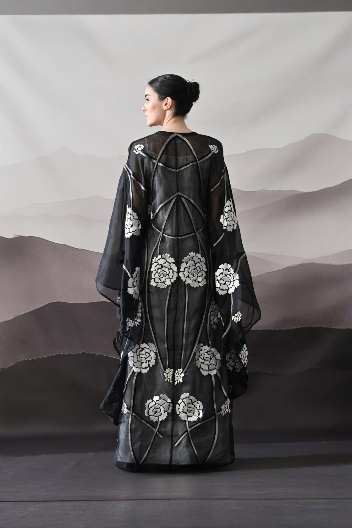 Black Kaftan With Handcrafted Florals And Architectural Lines