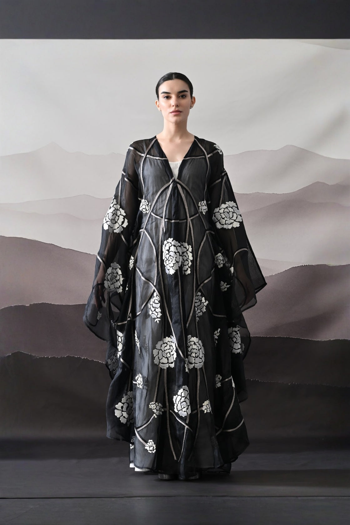 Black Kaftan With Handcrafted Florals And Architectural Lines