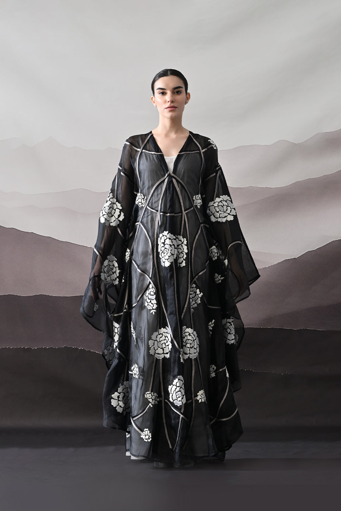 Black Kaftan With Handcrafted Florals And Architectural Lines