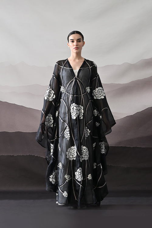 Black Kaftan With Handcrafted Florals And Architectural Lines