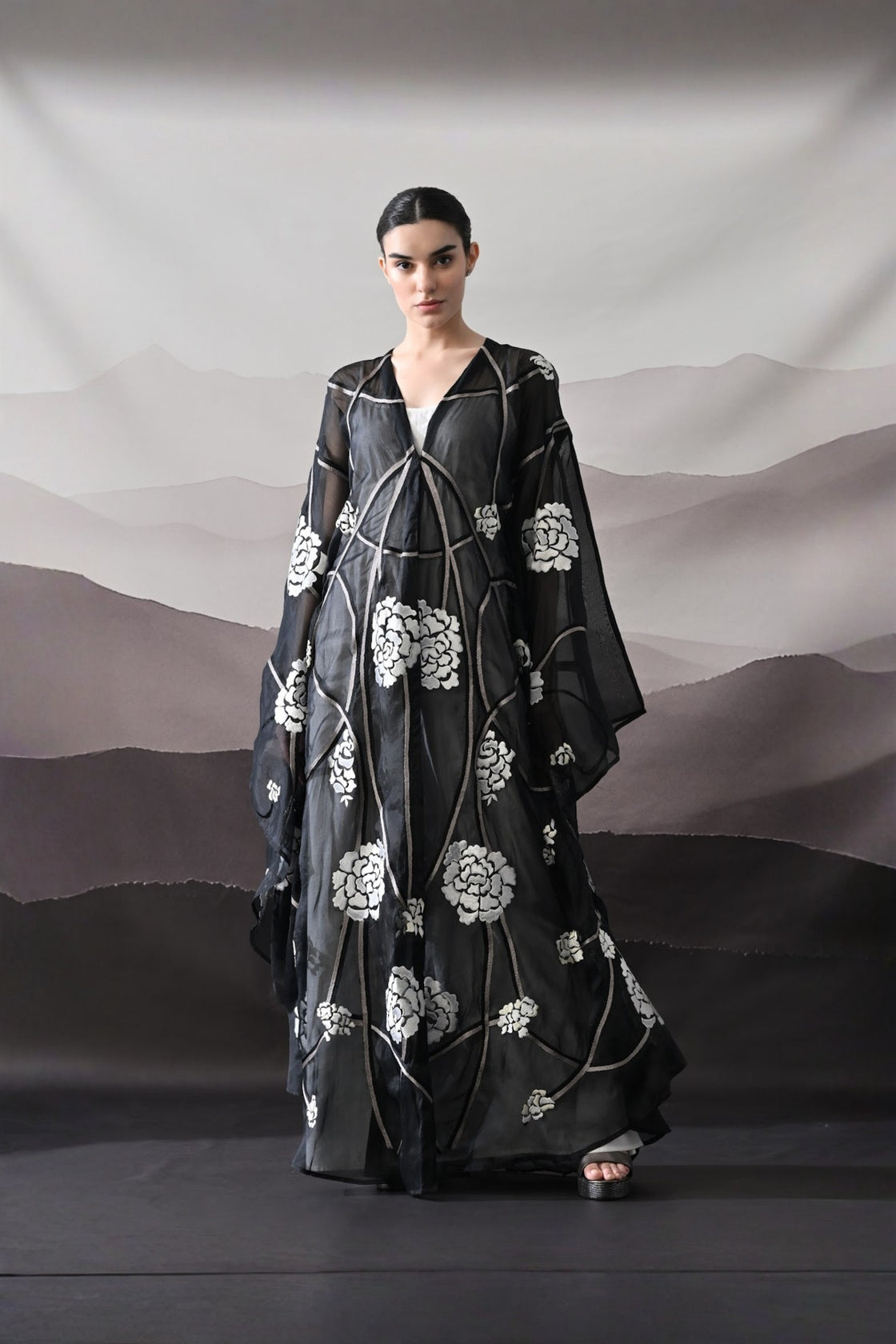 Black Kaftan With Handcrafted Florals And Architectural Lines