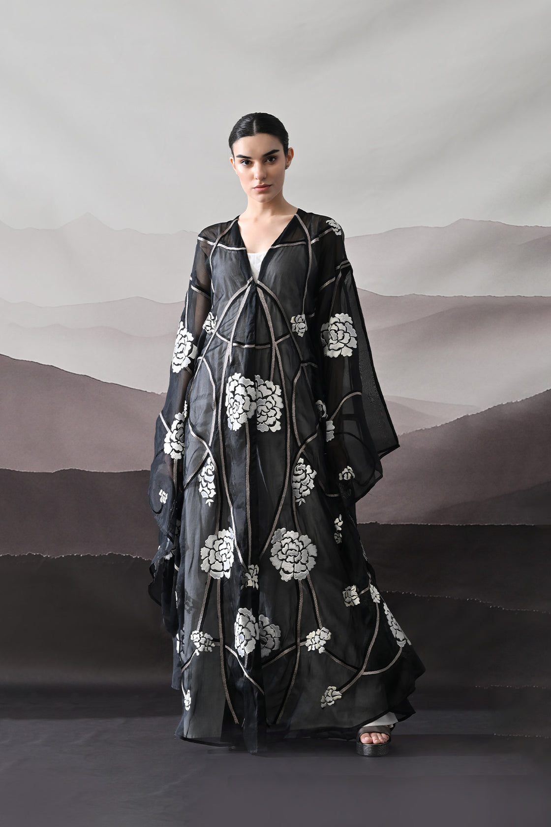 Black Kaftan With Handcrafted Florals And Architectural Lines