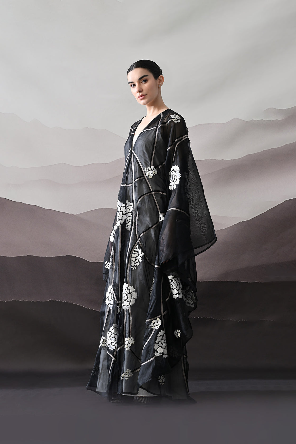 Black Kaftan With Handcrafted Florals And Architectural Lines