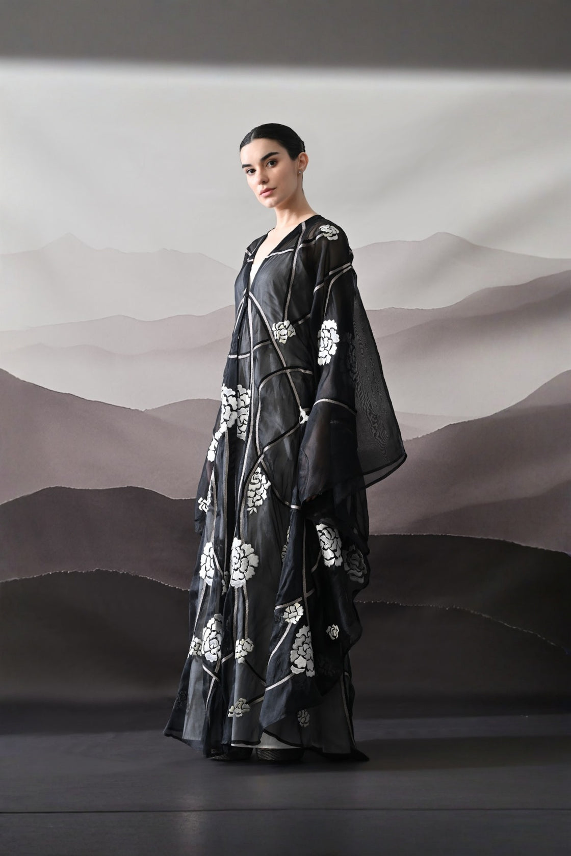 Black Kaftan With Handcrafted Florals And Architectural Lines
