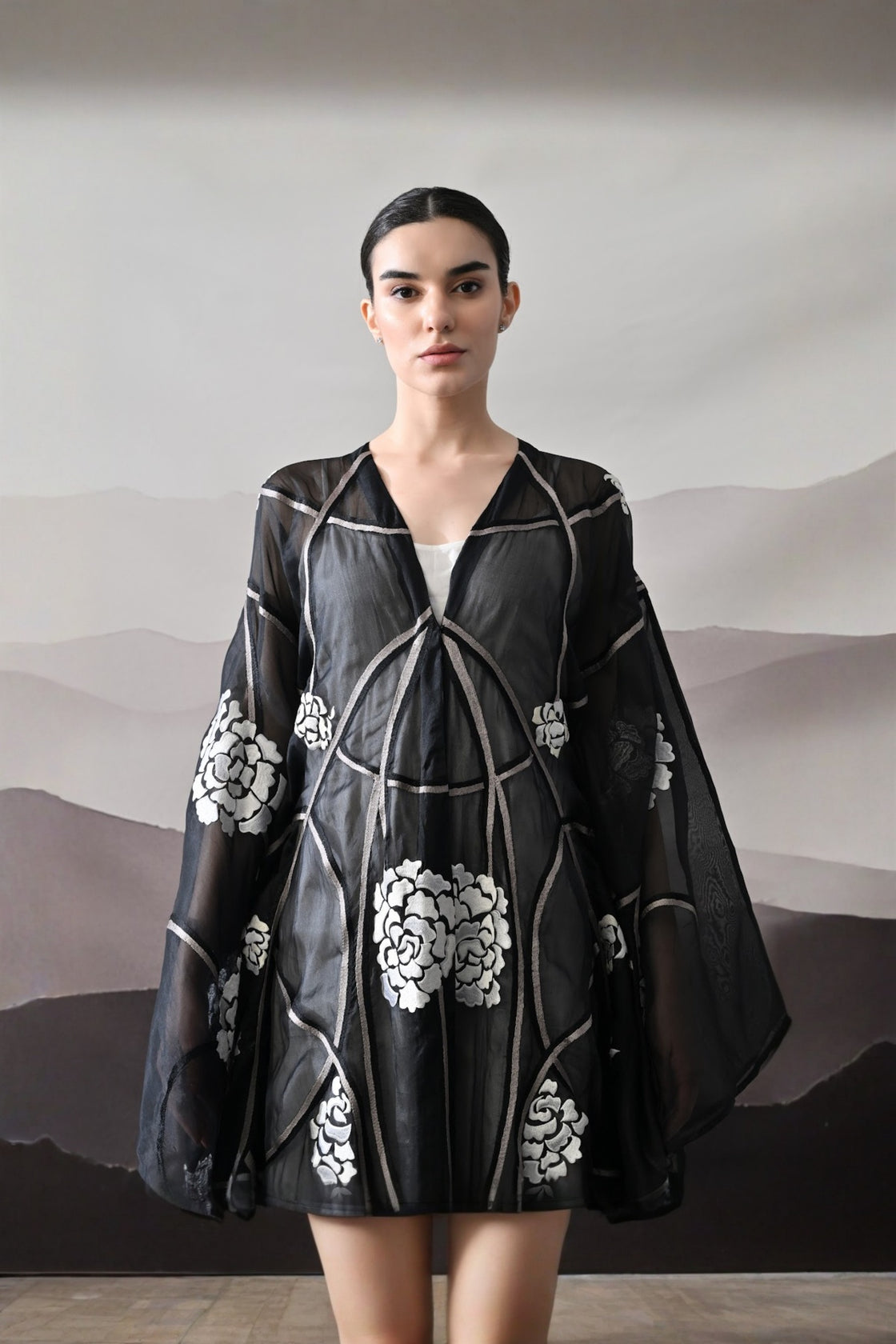 Black Kaftan With Handcrafted Florals And Architectural Lines