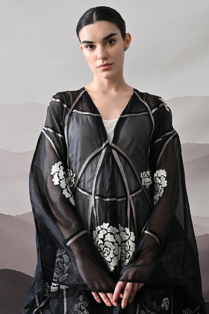 Black Kaftan With Handcrafted Florals And Architectural Lines