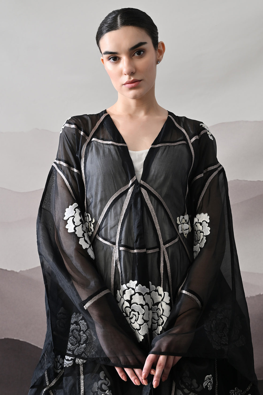 Black Kaftan With Handcrafted Florals And Architectural Lines