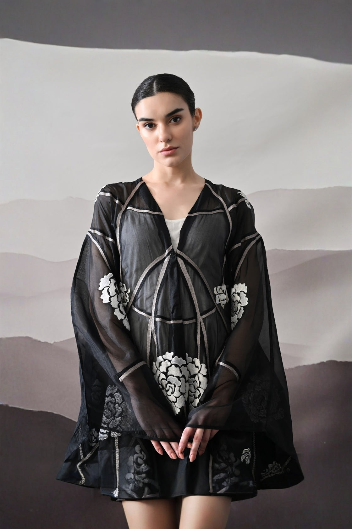 Black Kaftan With Handcrafted Florals And Architectural Lines