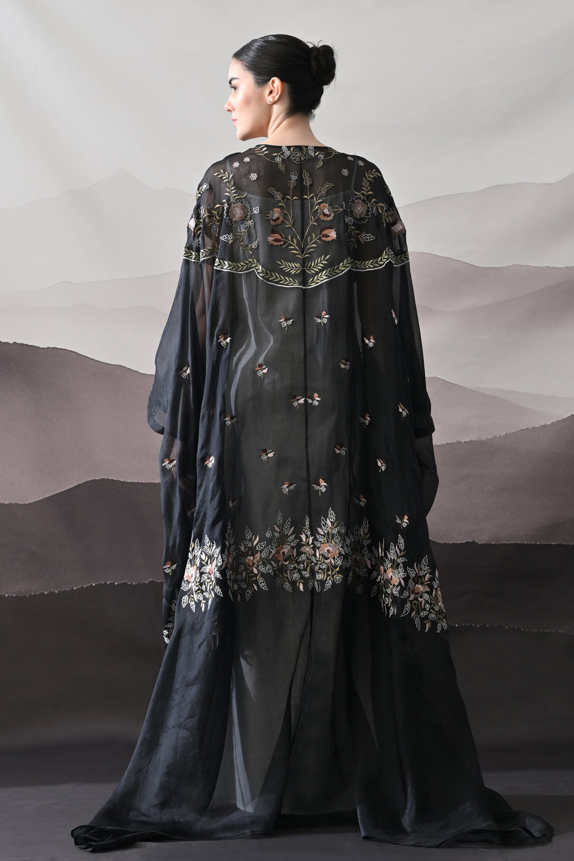 Black Kaftan with Hand-Embroidered Floral Panels