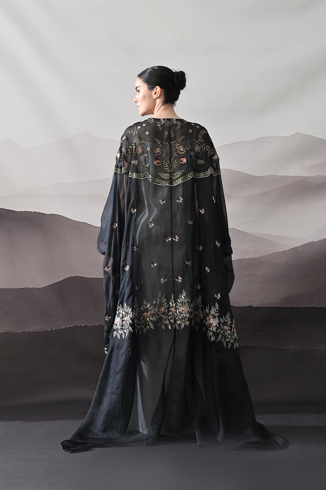 Black Kaftan With Hand-Embroidered Floral Panels