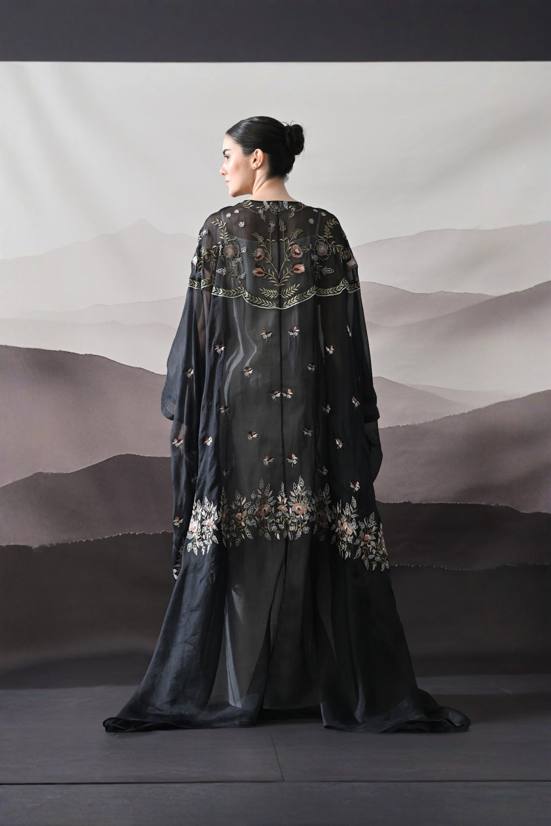 Black Kaftan With Hand-Embroidered Floral Panels